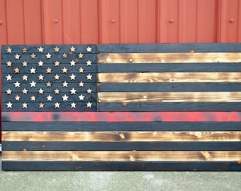 Thin Red Line Wooden Flag, Firefighter Flag, Thin Red Line, Firefighter, Charred, Burnt, Wooden Flag, United States Flag, US Flag, Red Line