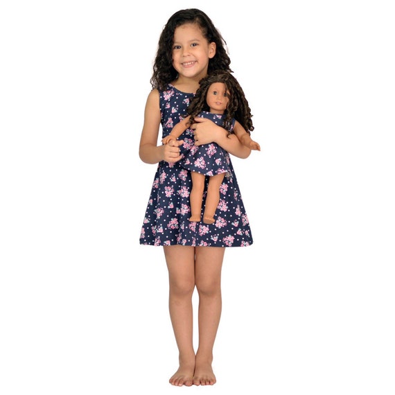 Girl and Doll Matching outfit Blue Dress with Flowers