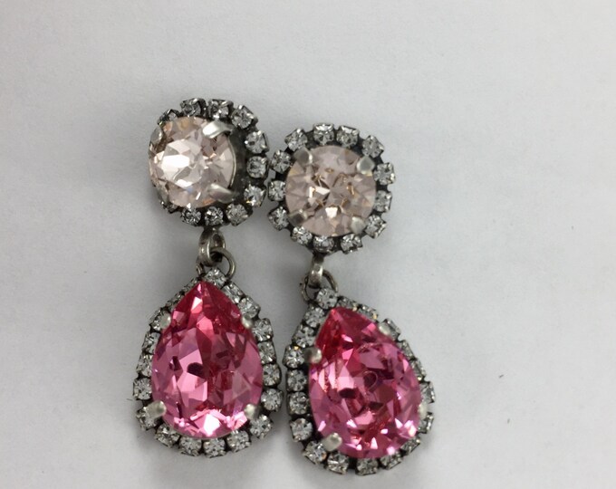 Pink Swarovski crystal pear drop dangle post earrings surrounded by pave stones. Perfect for brides! Valentine's gift for her