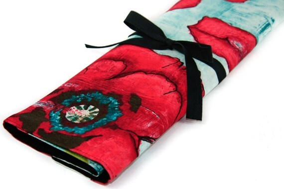 Large Knitting Needle Case Organizer - Big Poppy - Multi 30 Black Pockets for dpns, circulars and straights