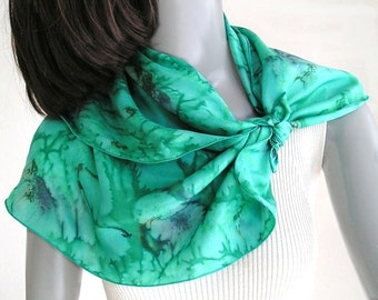 Small Square Scarf Emerald Silk Neck Scarf, Green Moss Gray, One of a Kind, Hand Painted, Hand Dyed Silk, Artisan Handmade, Jossiani