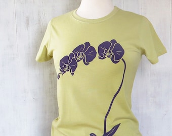 Womens Graphic T Shirt - Organic Cotton Jersey T Shirt - Womens Tee Shirt - Spring Green Tee Shirt - Ladies Screen Printed TShirt- Orchid