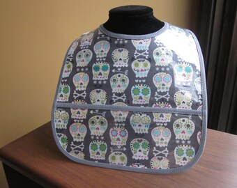 WATERPROOF WIPEABLE Baby to Todller Plastic Coated Bib Michael Miller Bone Head Skulls on Gray