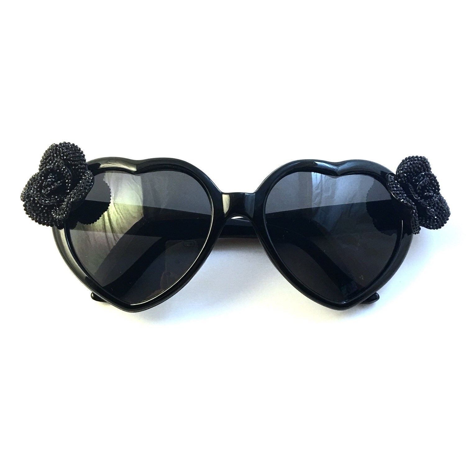 Black Heart Shaped Sunglasses w/ Glittery Roses