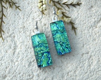 Golden Green Earrings, Dangle Drop Earrings, Dichroic Earrings, Fused Glass Earrings, Dichroic Glass Jewelry, Sterling Silver, 062016e104
