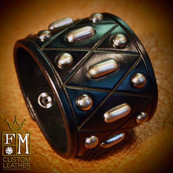 Black Leather cuff studded Bracelet Custom Made for YOU in NYC by Freddie Matara