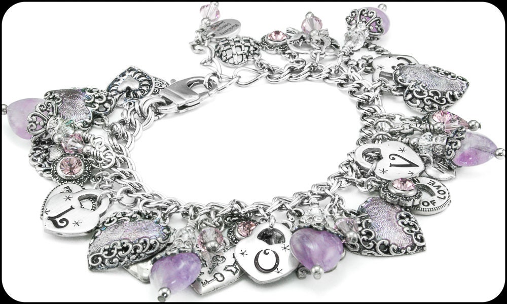 charm bracelet,charms,silver, purple heart