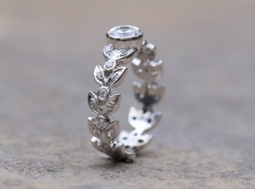 Nature Engagement ring.  Leaf ring. 14k gold, White Sapphire center.