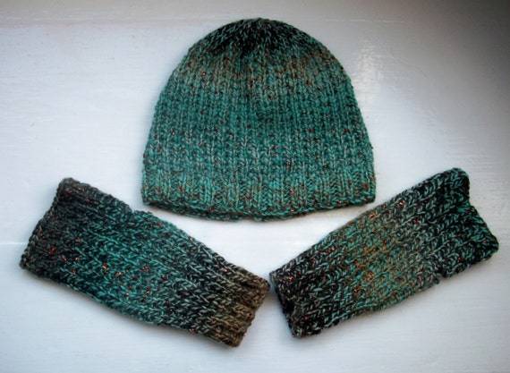 Hat and hand warmers set, wool mix, fingerless gloves, beanie hat, woodland colours by SpinningStreak