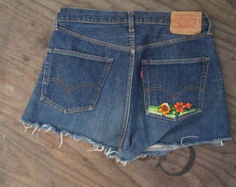 Big E 60s Vintage Levis Cut Off Shorts Embroidered Levis Blue denim embroidery 501 Levis Redlines Cutoffs USA jeans shorts 32