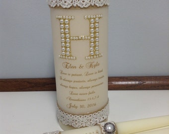 rustic unity candle set with pearls love is patient verse