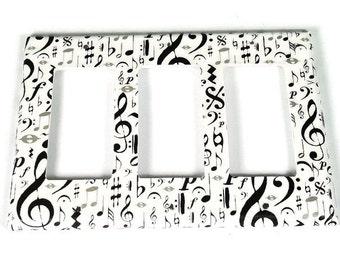 Triple Rocker Black and White Music Note Switchplate Light Switch Cover Switch Plate Wall Decor in High Note (104TR)