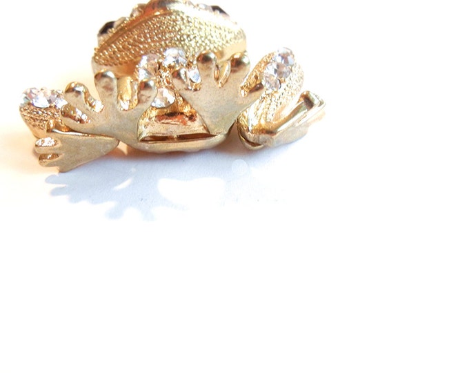Large Gold-tone Frog Pendant Rhinestone Encrusted Articulated