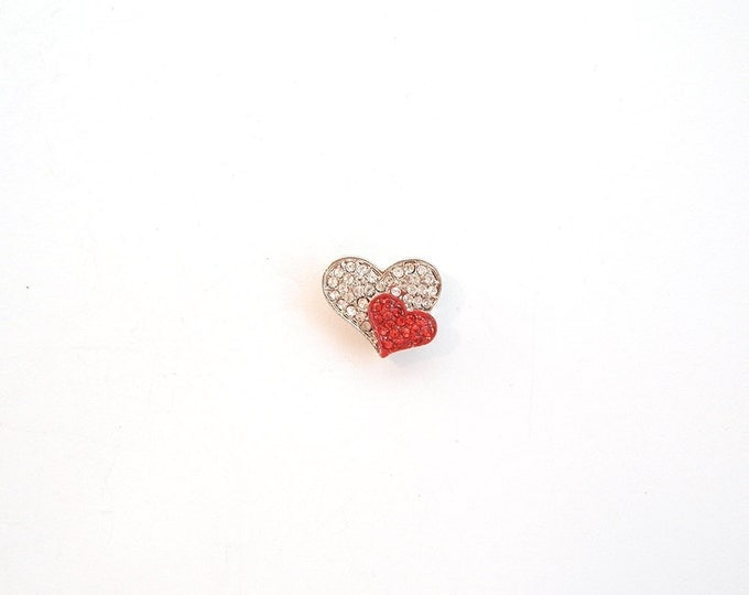 Small Double Heart Charm Pendant Clear and Red Rhinestones Silver-tone