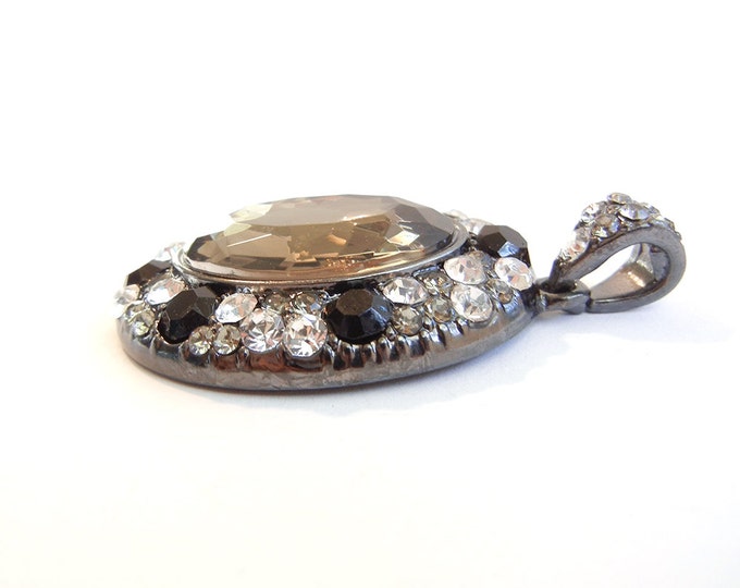 Oval Pendant with Clear and Black Rhinestones Acrylic Gray Faceted Focal