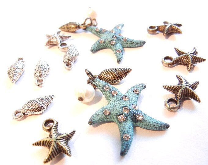 Set of Marine Charms Starfish and Shells with Faux Pearl Charms Rhinestones Multi Tone