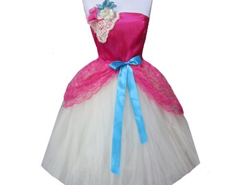 SALE Dress Womens Blue and Pink and Cream Tulle Prom Special occasion Gown