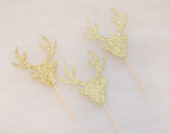 NEW Gold Glitter Deer Antler Cupcake Toppers -choose your quantity!