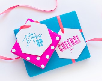 Bright Boxed Letterpress Gift Tags in Aqua and Fuchsia