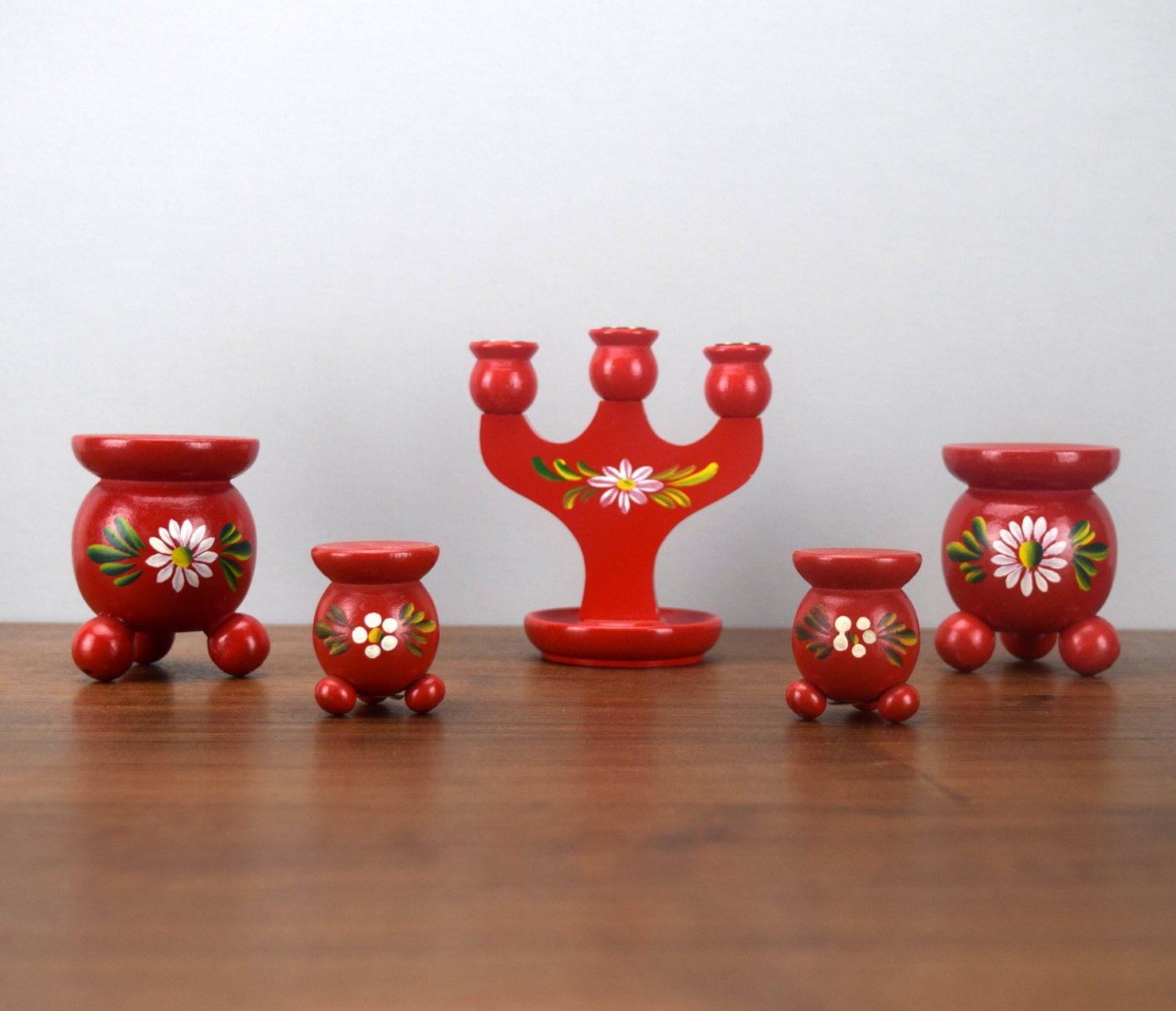 Swedish Red Wooden Taper Candle Holders Instant Collection