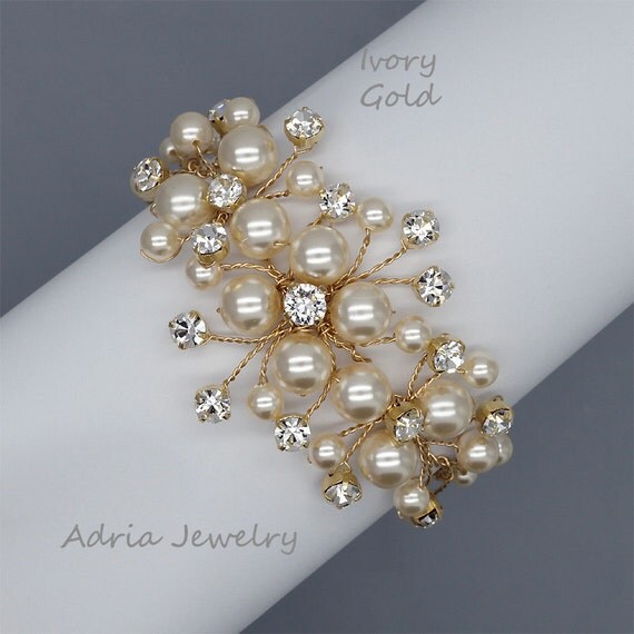 Wedding Bracelets Gold Bridal Bracelet Rhinestone and Pearls