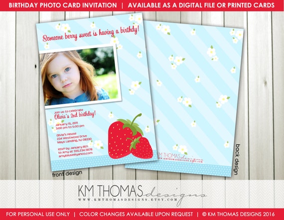 Strawberry Photo Birthday Invitation - Printable Girl Birthday Invitation - Strawberry Theme Birthday Invitation - Girl Photo Invite - BD123 Il_570xn