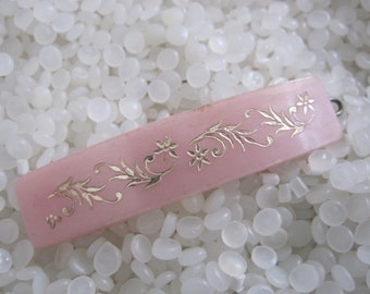 vintage hair barrette, pink with embossed gold tri,