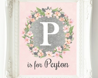 Personalized Nursery Art, Baby Girl Nursery Wall Decor, Custom Name Print, Pink Gray Silver Nursery Wall Art, Girl Wall Art, Floral Monogram
