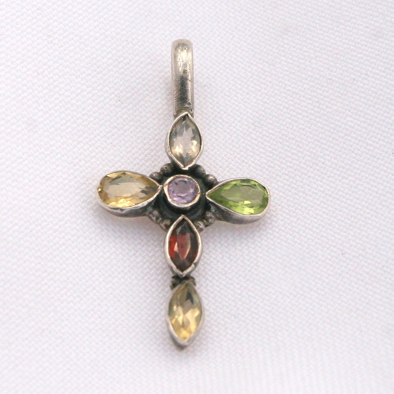 Vintage Sterling Silver Cross Pendant Multi Colored Stones