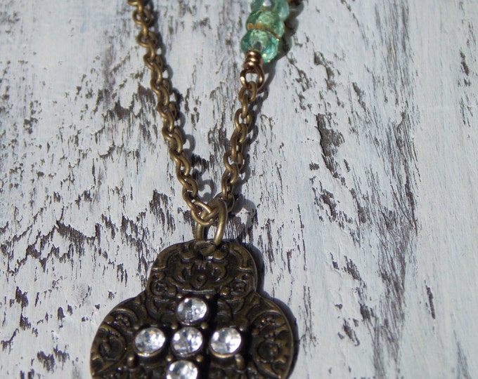Cross Necklace Relic Pendant Necklace Rhinestone Cross Brass Embossed Charm Dainty Spiritual Yoga Minimalist Green Czech Glass Necklace