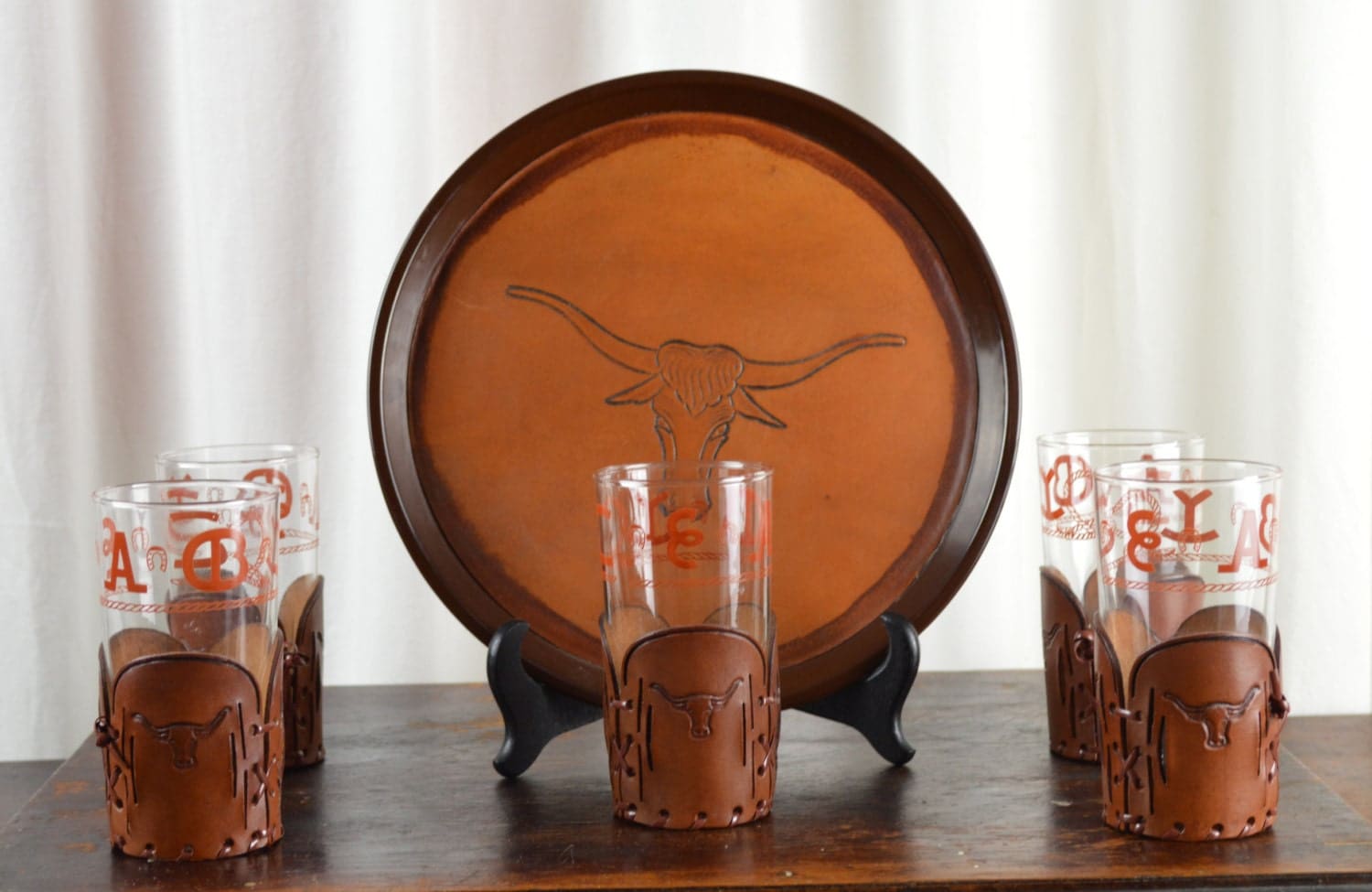 Vintage Barware Leather Tray Leather Glass Holders 50s Home