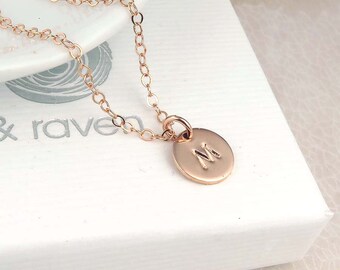 Rose Gold Initial Necklace, dainty personalized initial disc, rose gold filled, hand stamped