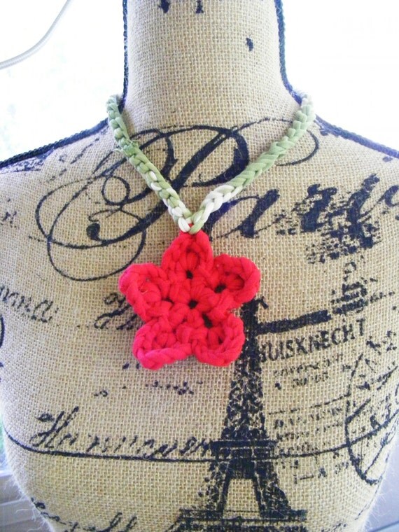 Crochet Necklace Red Flower Handmade