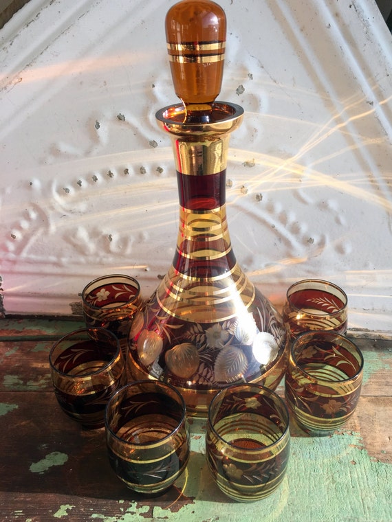 Vintage Decanter Cordial Set Glass Bohemian Red by Holliezhobbiez