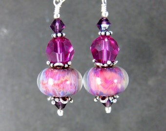 Pink Purple Peach Glass Dangle Earrings, Boho Jewelry, Sterling Silver Earrings, Boho Chic Earrings, Colorful Glass Jewelry, Boro Lampwork