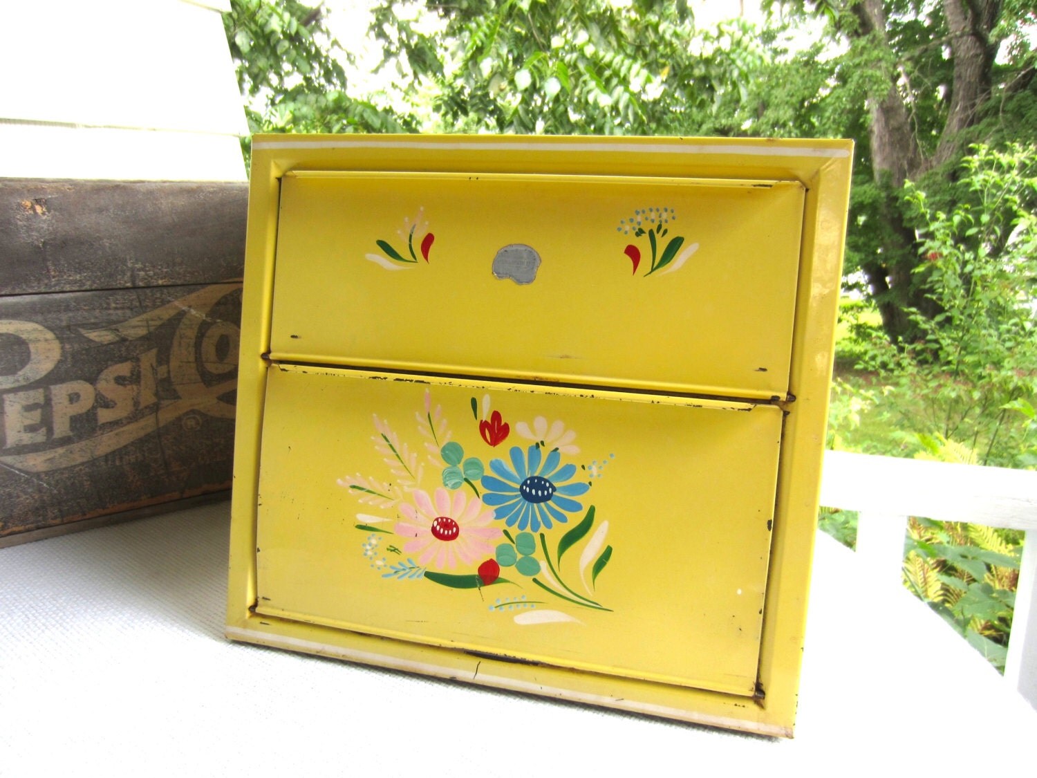 Vintage Cottage Charm Yellow Metal Bread Box with Pie Safe
