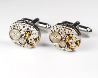 Steampunk Cufflinks Vintage Hamilton Watch Movement Mens Gear Cuff Links by Steampunk Vintage Design