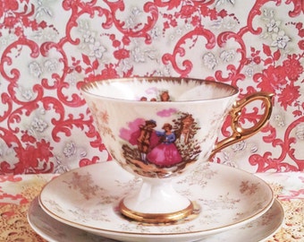 Japanese Tea Set. 1950s. Vintage Japanese China. French Victorian Couple. Japanese Lustre ware. Tea Set. Cup. Saucer. Plate. Gold Gilded.