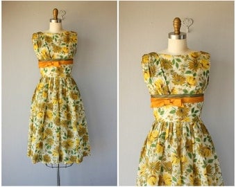 50s Dress | 1950s Dress | 1950s Floral Dress | 50s Dress | 1950s Party Dress | Yellow Floral Dress | 50s Spring Dress (medium)