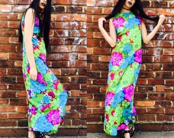 Vintage Floral 70's High Neck Maxi Dress