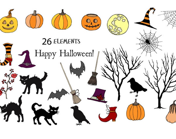 Digital Clipart with Halloween Colors. Painting, clip art, pumpkins, cats, moon, trees, Halloween, spider, Halloween party, hat, creepy