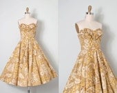 vintage 1950s dress / strapless 50s dress / mustard cotton floral / California Colony