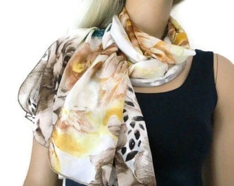 Taupe floral-long chiffon scarf-Gorgeous floral print in taupe,brown,teal, yellow and teal Parisian Neck Tissu