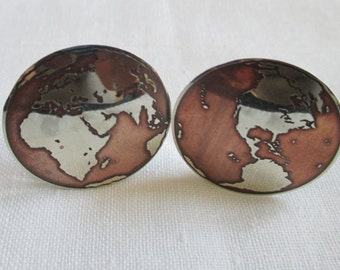 Silver Map of the World Clip Earrings, Sterling Silver, Vintage Clip Earrings, Geography Lesson free usa shipping