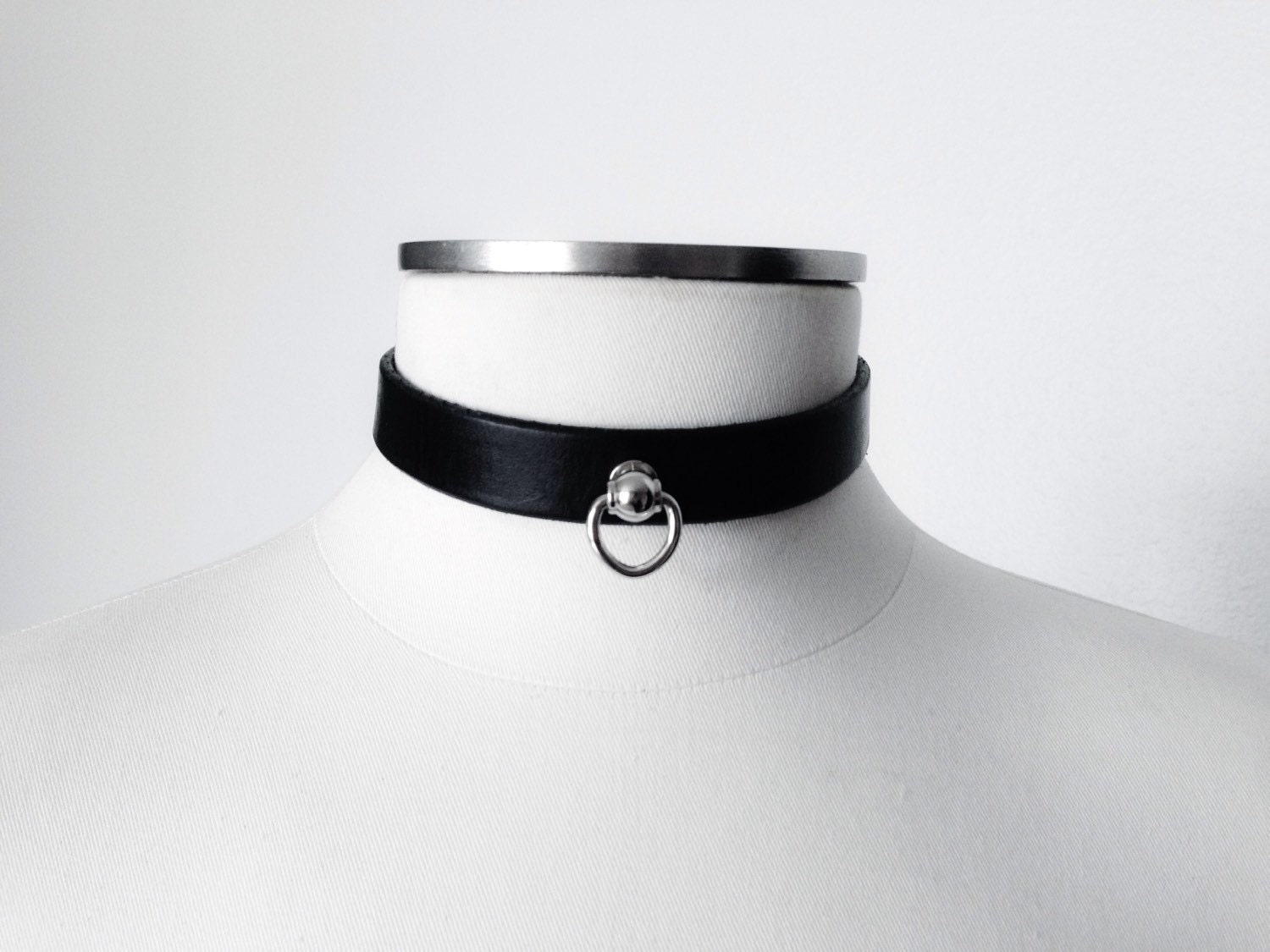 D Ring Stud Bondage Collar Leather Choker Black Leather