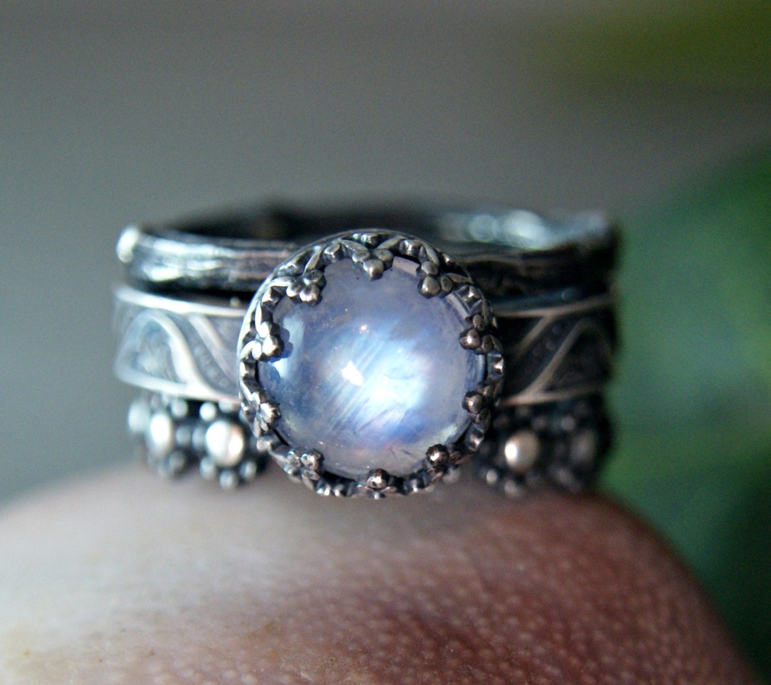 Moonstone Bridal Set Black Engagement Ring Rustic Twig Ring