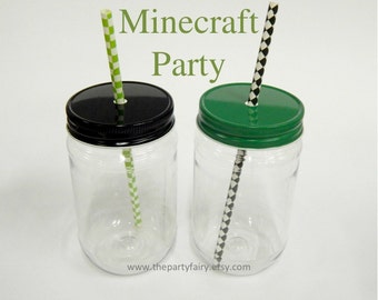 Plastic Mason Jars, 15 Minecraft Party Mason Jars with Green & Black Metal Jar Lids, Minecraft Party Favor, Minecraft Birthday, Plastic Cups