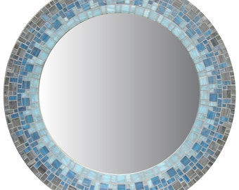 Round Mosaic Mirror - Smoky Gray, Sky Blue, Light Blue
