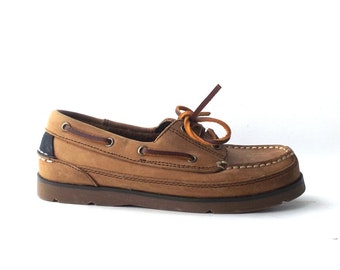 vintage 80's leather bass loafers little boys sz 2 m brown laces lace-up kids child childrens rubber sole fashion shoes classic traditional