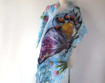 Nuno felted scarf, Blue white felt scarf, buttefly scarf , Women shawl Spring scarf Summer scarf